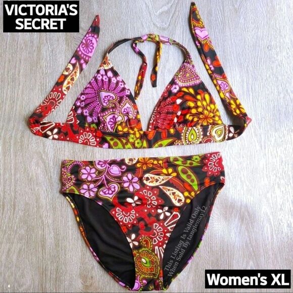 Victorias Secret Sexy Retro Two Piece Halter Top Floral Paisley Bikini Womens XL - Picture 1 of 12